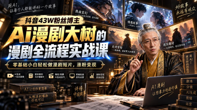 抖音43W粉丝博主Ai漫剧大树的漫剧制作全流程实战课，零基础小白轻松做漫剧短片，涨粉变现-云创终点站