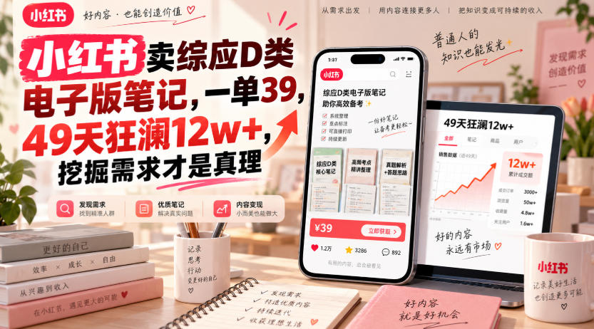 小红书卖综应D类电子版笔记，一单39，49天狂澜12w+，挖掘需求才是真理-云创终点站