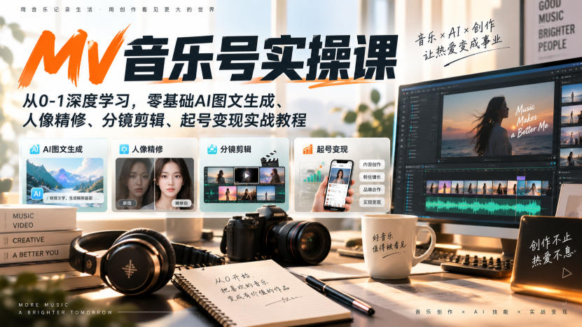 AI MV音乐号实操课，从0-1深度学习，零基础AI图文生成、人像精修、分镜剪辑、起号变现实战教程-云创终点站