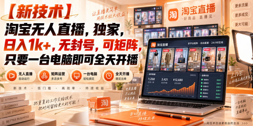 【独家新技术】淘宝无人直播，日入1k+，无封号，可矩阵，只要一台电脑即可全天开播【揭秘】-云创终点站
