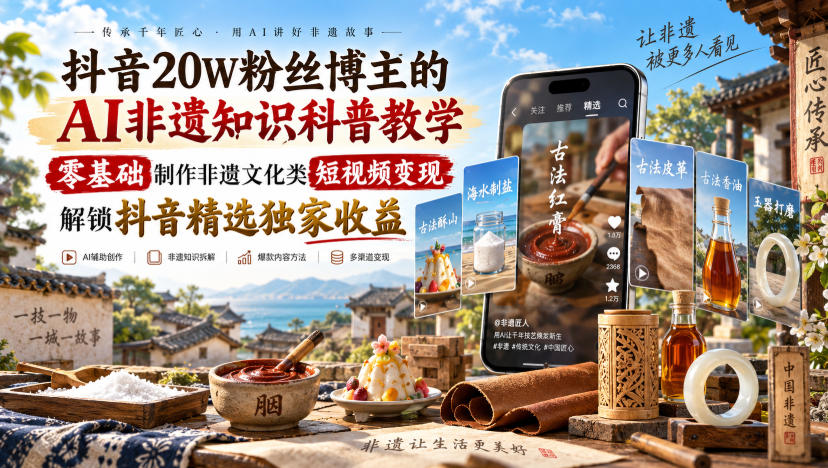 抖音20W粉丝博主的AI非遗知识科普教学，零基础制作非遗文化类短视频变现，解锁抖音精选独家收益-云创终点站