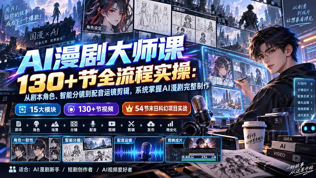 AI漫剧大师课130+节全流程实操：从剧本角色、智能分镜到配音运镜剪辑，系统掌握AI漫剧完整制作-云创终点站