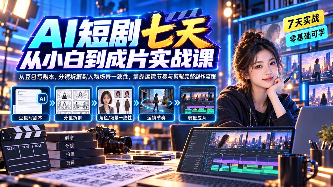 AI短剧七天从小白到成片实战课：从豆包写剧本、分镜拆解到人物场景一致性，掌握运镜节奏与剪辑完整制作流程-云创终点站