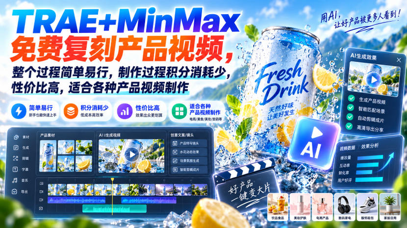 TRAE+MinMax免费复刻产品视频，整个过程简单易行，制作过程积分消耗少，性价比高，适合各种产品视频制作-云创终点站