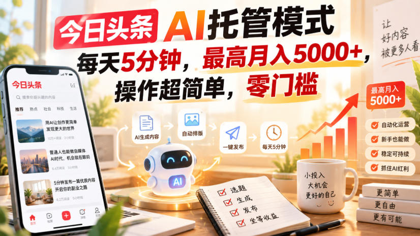 今日头条AI托管模式，每天5分钟，最高月入5000+，操作超简单，零门槛【揭秘】-云创终点站