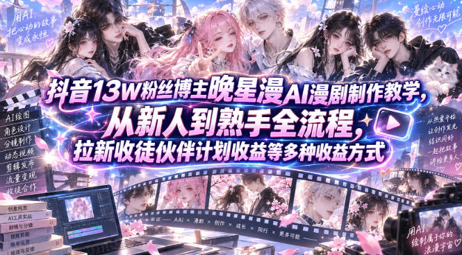 抖音13W粉丝博主晚星漫AI漫剧制作教学，从新人到熟手全流程，拉新收徒伙伴计划收益等多种收益方式，单日1K+-云创终点站
