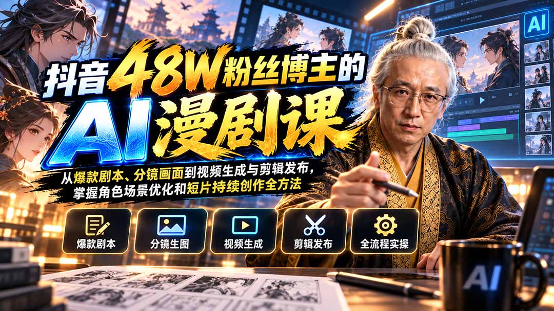 抖音48W粉丝博主的AI漫剧课：从爆款剧本、分镜画面到视频生成与剪辑发布，掌握角色场景优化和短片持续创作全方法-云创终点站