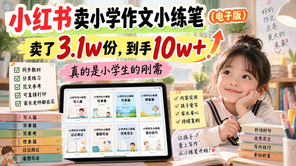 小红书卖小学作文小练笔(电子版)，卖了3.1w份，到手10w+，真的是小学生的刚需-云创终点站