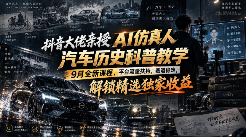 抖音大佬亲授AI仿真人汽车历史科普教学，9月全新课程，平台流量扶持，赛道稳定，解锁精选独家收益-云创终点站