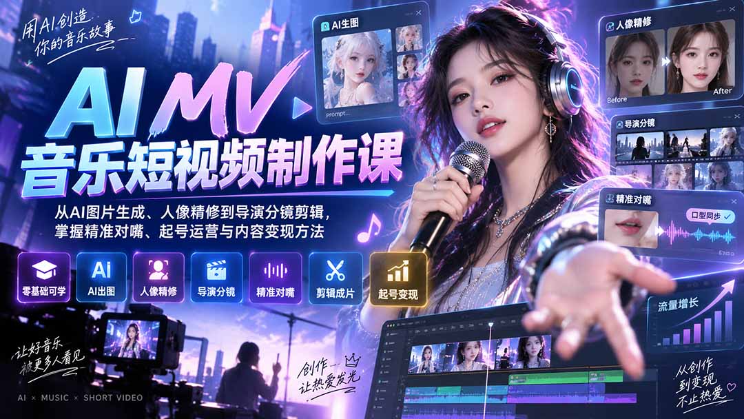 AI MV音乐短视频制作课：从AI图片生成、人像精修到导演分镜剪辑，掌握精准对嘴、起号运营与内容变现方法-云创终点站