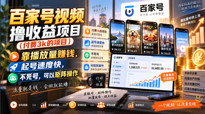 百家号视频撸收益项目(付费3k的项目)，靠播放量賺钱，起号速度快，不死号，可以矩阵操作-云创终点站