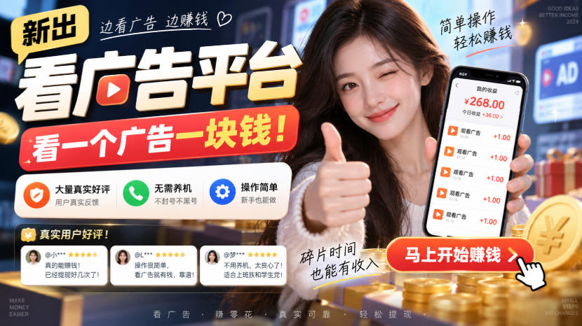 新出看广告平台，看一个广告一块钱，大量真实好评！无需养机、不会黑号，操作简单【揭秘】-云创终点站
