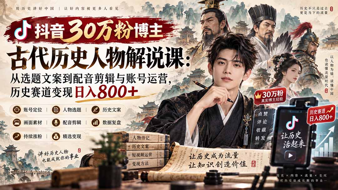 抖音30万粉博主古代历史人物解说课：从选题文案到配音剪辑与账号运营，历史赛道变现日入800+-云创终点站