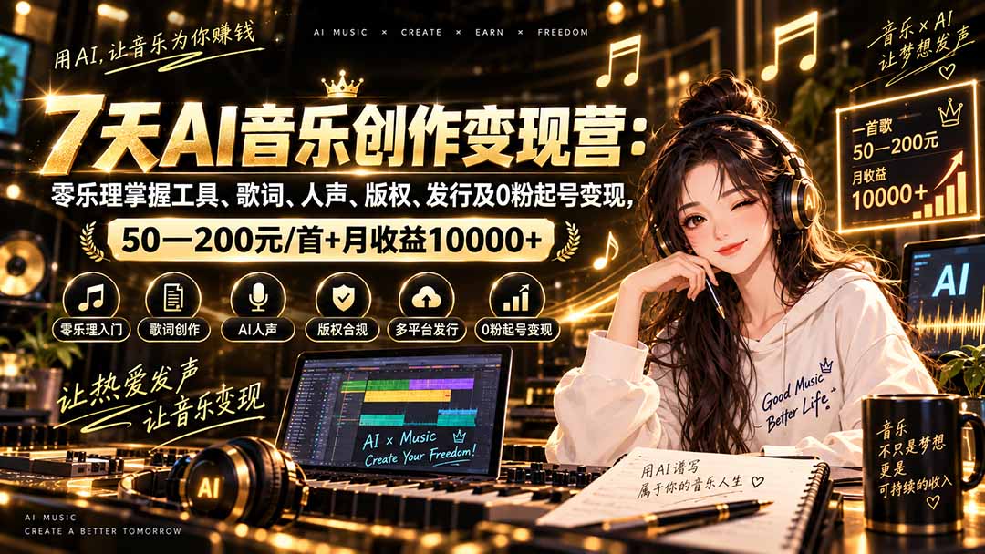 AI音乐创作变现营：零乐理掌握工具、歌词、人声、版权、发行及0粉起号变现，50—200元/首+月收益10000+-云创终点站
