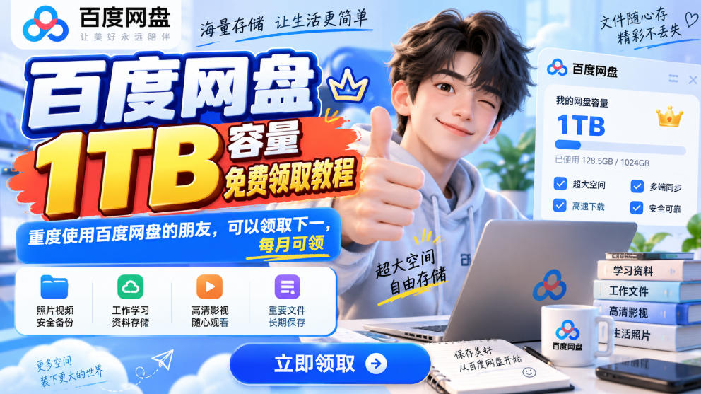 百度网盘1TB容量免费领取教程，重度使用百度网盘的朋友，可以领取下一，每月可领-云创终点站
