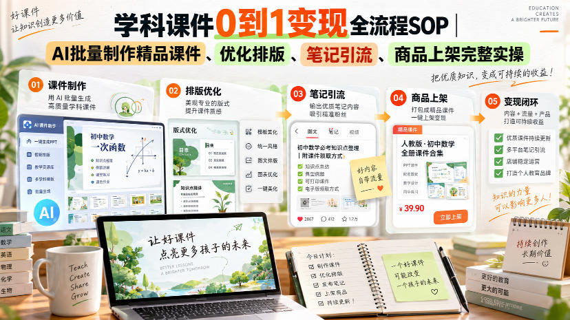 学科课件0到1变现全流程SOP｜AI批量制作精品课件、优化排版、笔记引流、商品上架完整实操​-云创终点站