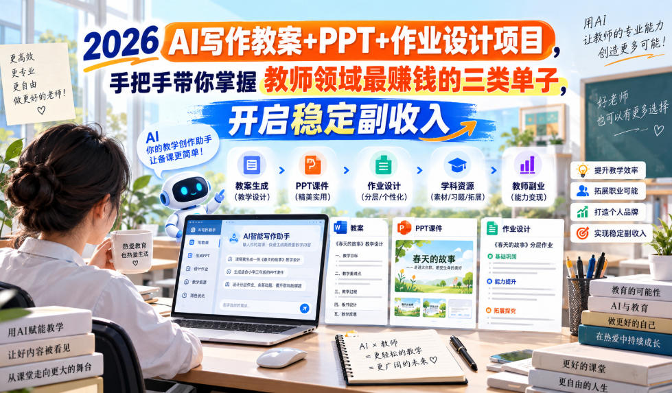 2026 AI写作教案+PPT+作业设计项目,手把手带你掌握教师领域最賺钱的三类单子,开启稳定副收入-云创终点站