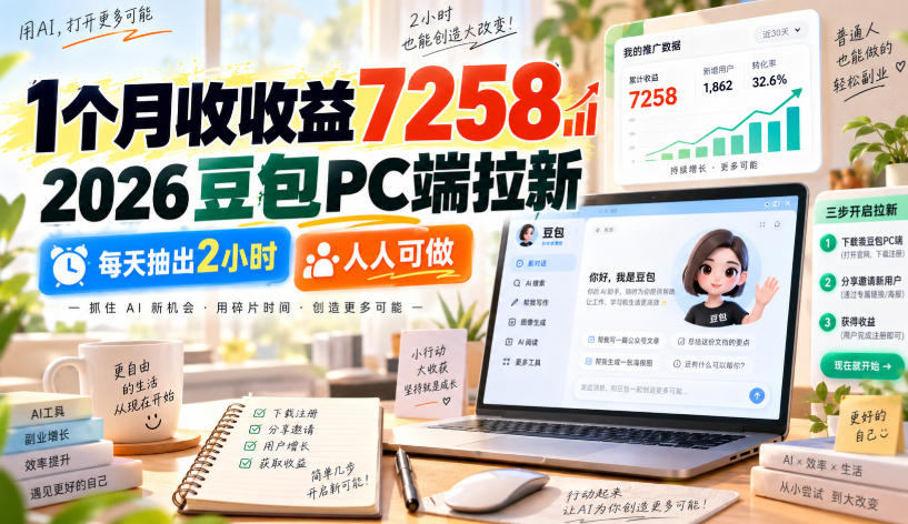 1个月收收益7258,2026豆包PC端拉新,每天抽出2小时,人人可做-云创终点站