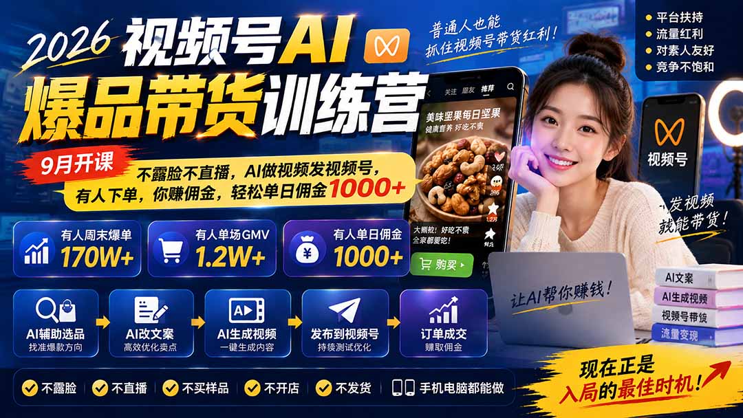 2026视频号AI爆品带货训练营-9月开课|不露脸不直播,AI做视频发视频号,有人下单,你赚佣金,轻松单日佣金1000+-云创终点站