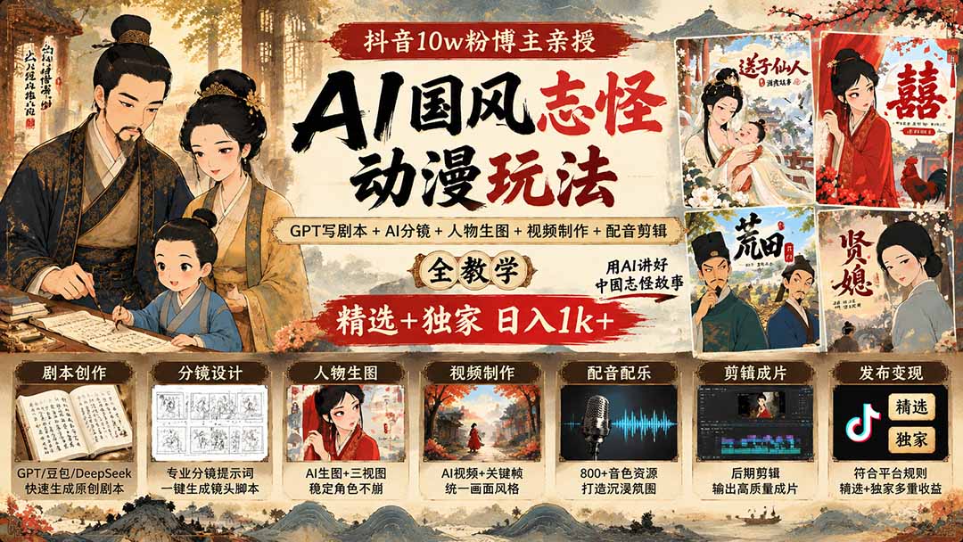 抖音10w粉博主亲授AI国风志怪动漫玩法|GPT写剧本+AI分镜+人物生图+视频制作+配音剪辑全教学|精选+独家日入1k+-云创终点站