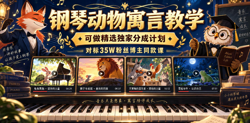 钢琴动物寓言教学,可做精选独家分成计划,对标35W粉丝博主同款课-云创终点站