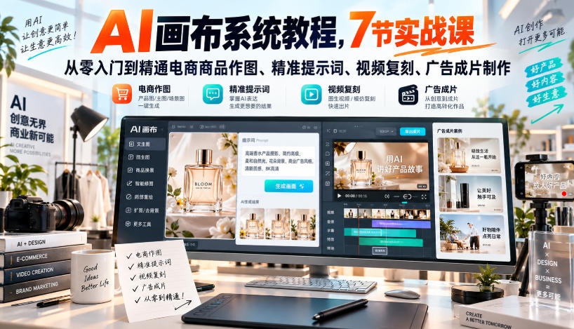 AI画布系统教程,7节实战课从零入门到精通电商商品作图、精准提示词、视频复刻、广告成片制作-云创终点站