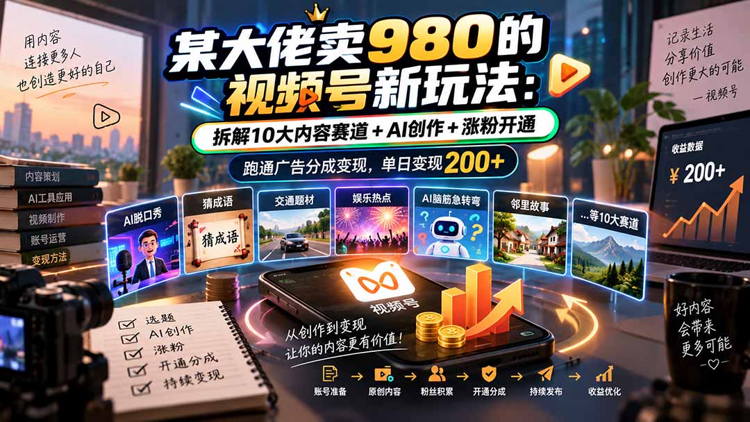 某大佬卖980的视频号新玩法:拆解10大内容赛道+AI创作+涨粉开通,跑通广告分成变现,单日变现200+-云创终点站